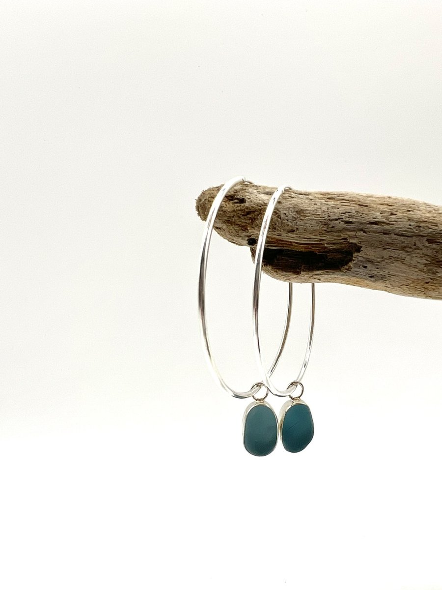 Bright Blue Sea Glass Statement Hoop Earrings