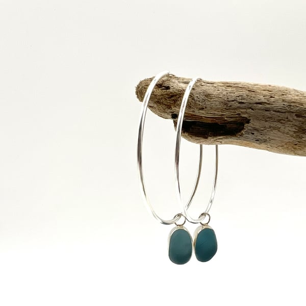 Bright Blue Sea Glass Statement Hoop Earrings