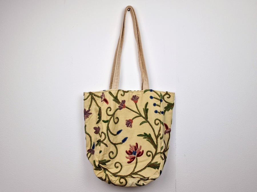 Crewel work embroidery shoulder tote bag