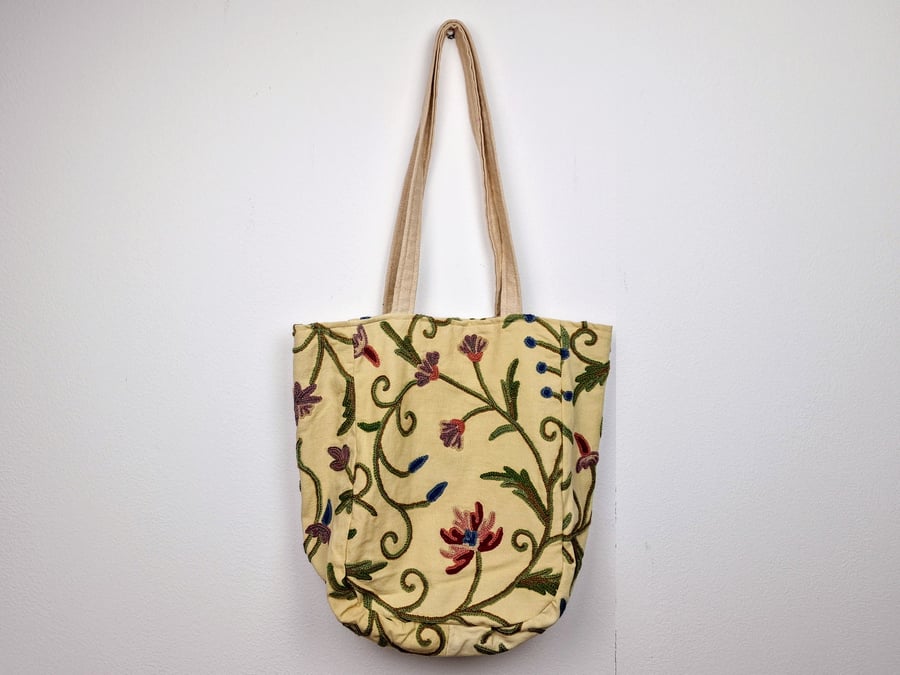 handmade Crewel work embroidery shoulder tote bag