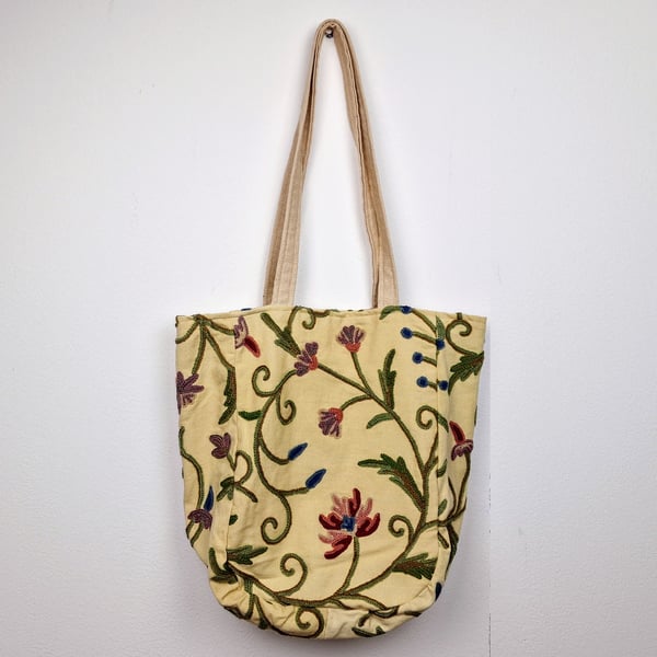 handmade Crewel work embroidery shoulder tote bag