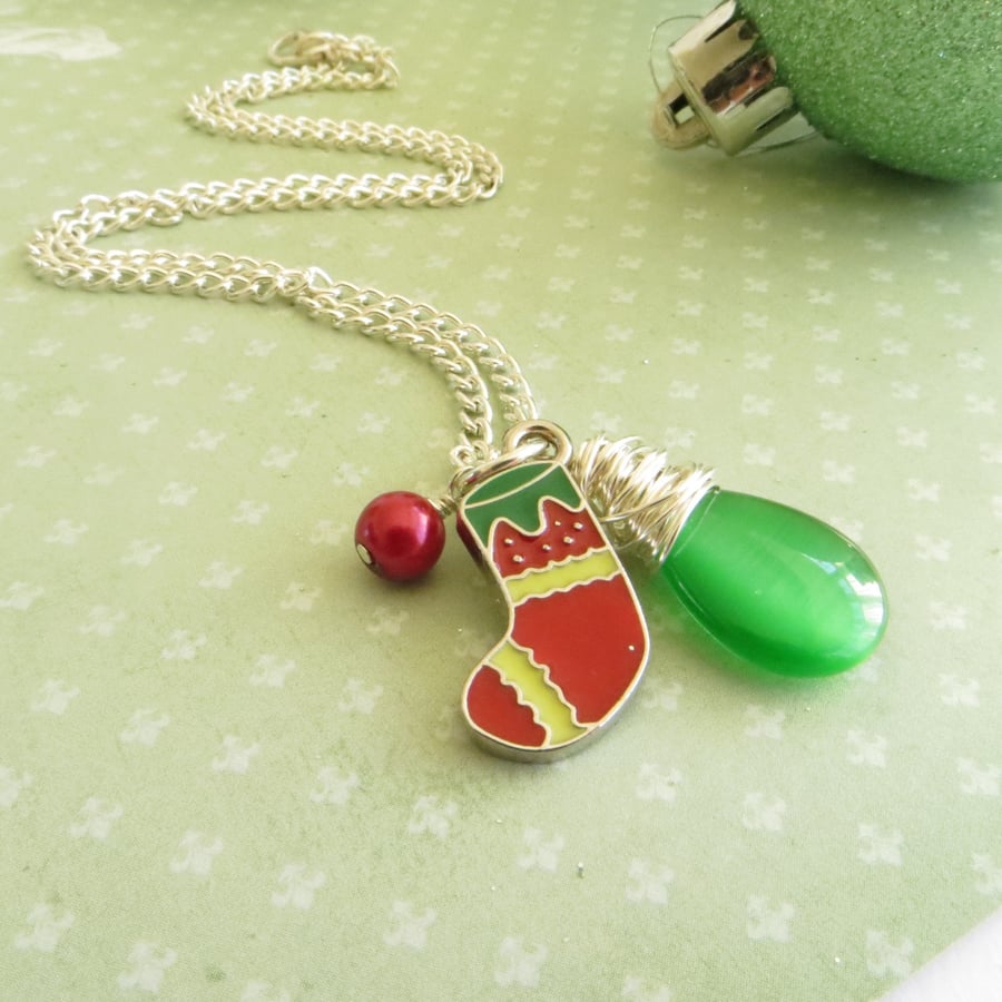 SALE Christmas Necklace, Christmas Stocking, Green Glass and Red Pearl, OOAK