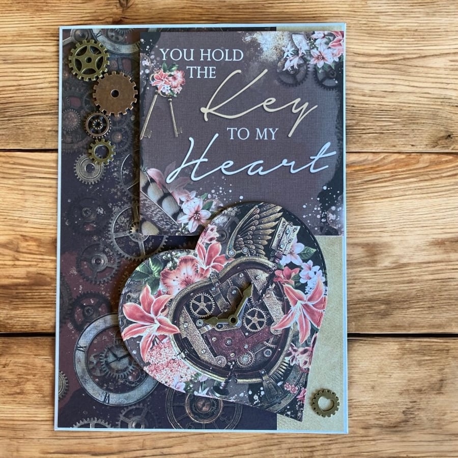 Steampunk Valentines Card ‘You Hold the Key to My Heart’ Industrial Vintage Card