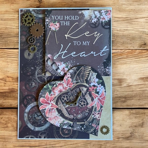 Steampunk Valentines Card ‘You Hold the Key to My Heart’ Industrial Vintage Card