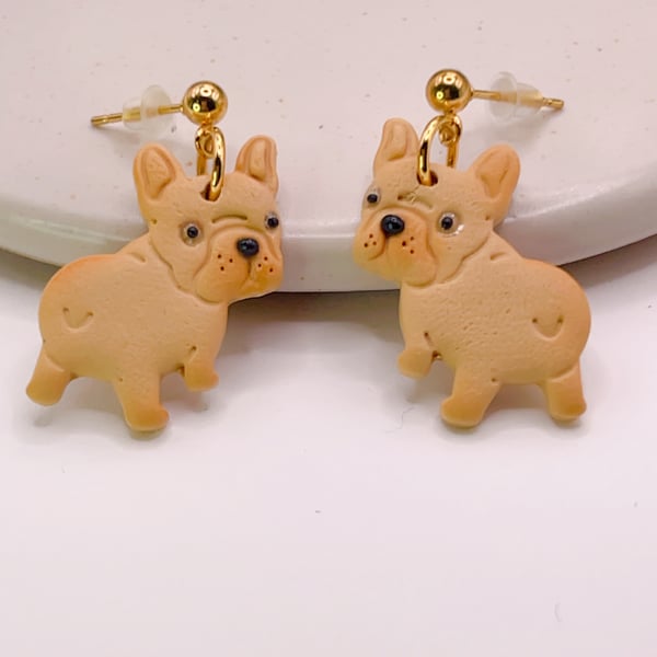Bulldog earrings for dog lover, quirky clay dog design for her