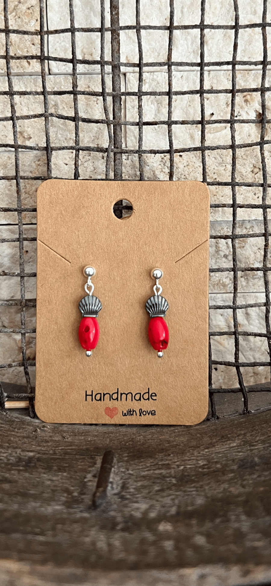 Coral,hematite shell drop stud earrings 