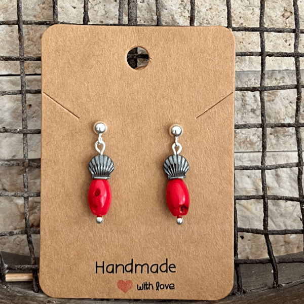 Coral,hematite shell drop stud earrings 