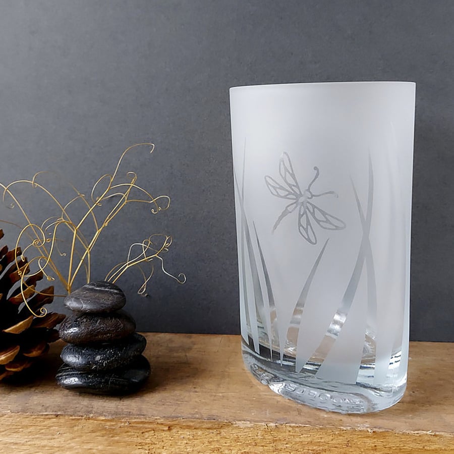 Recycled bottle vase, etched clear glass vase with dragonfly design