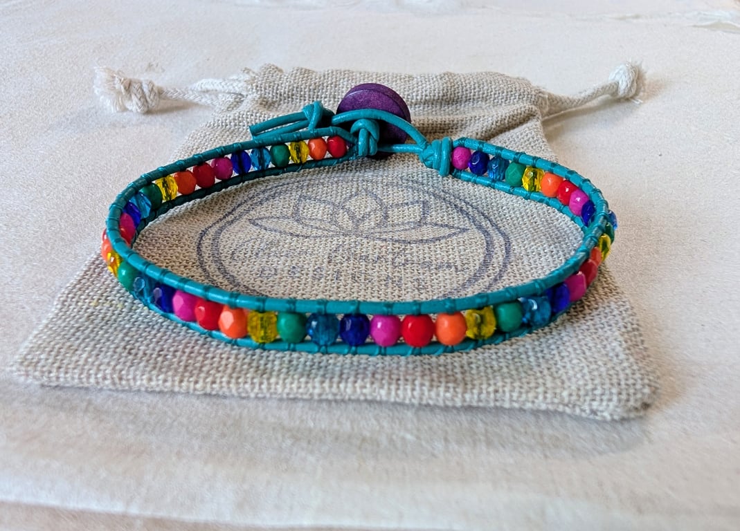 Multicoloured rainbow bead and teal leather bracelet, Pride bracelet 