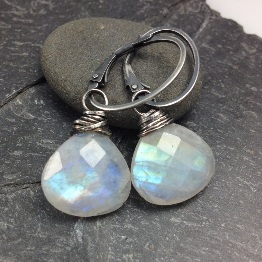 Moonstone and oxidised silver wrapped earrings