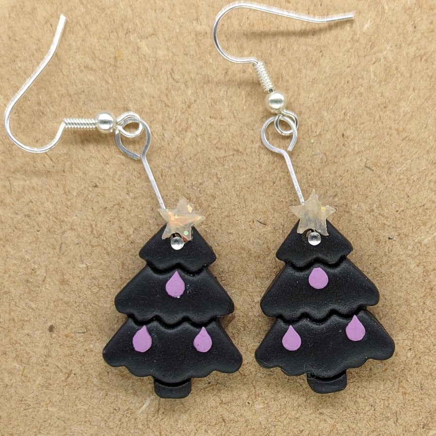 Black Goth Christmas Tree Earrings - Polymer Clay