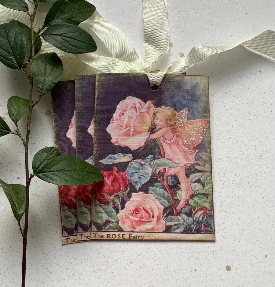 GIFT TAGS ( set of 3 ) vintage style .Flower Fairies - ' Rose  '. Pink . 