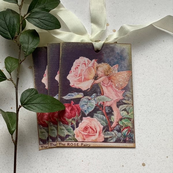 GIFT TAGS ( set of 3 ) vintage style .Flower Fairies - ' Rose  '. Pink . 