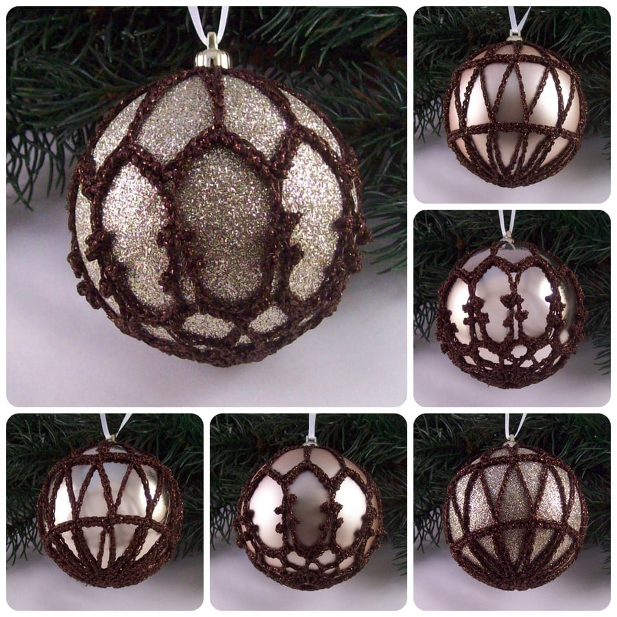 Christmas baubles boxed set of 6 large decorated with crochet lace (A15)