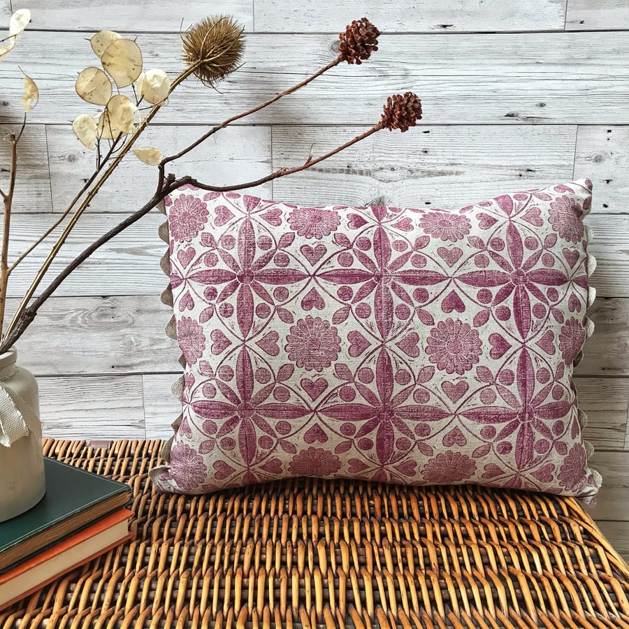 Hand Printed Linen Cushion - EIRA - Raspberry Red 