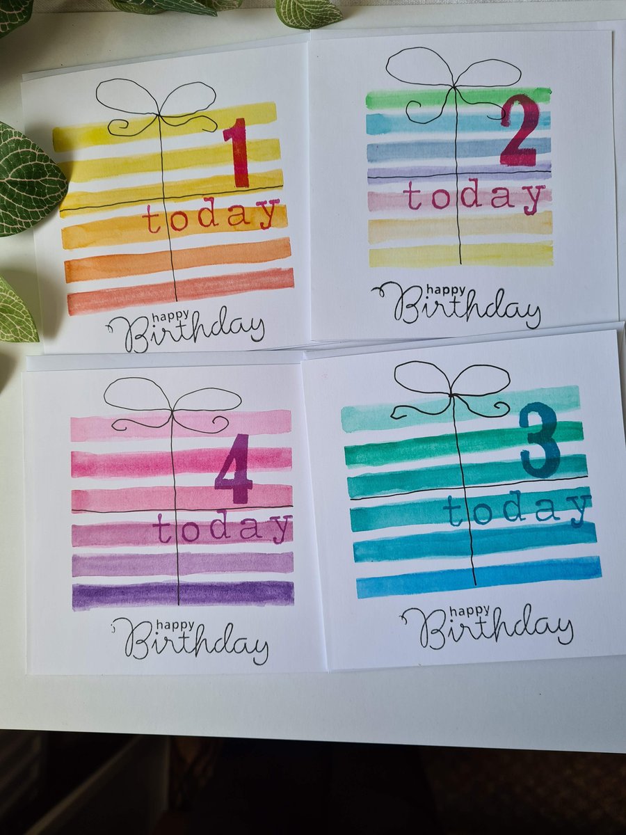 Numbered striped gift birthday card handpainted 4 colour choices