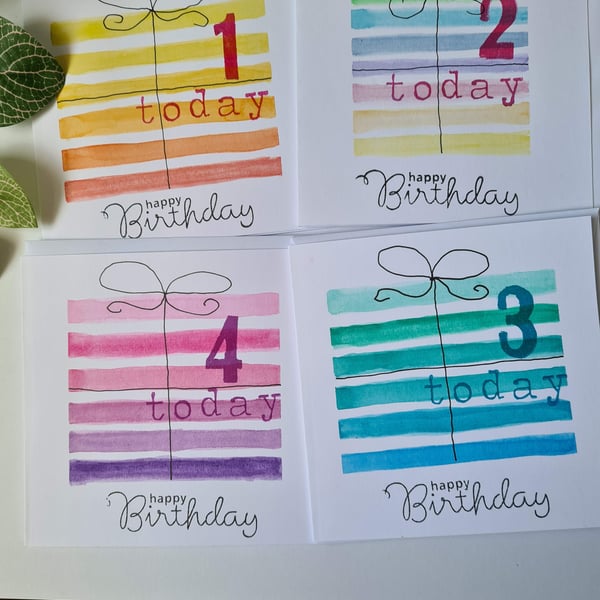 Numbered striped gift birthday card handpainted 4 colour choices