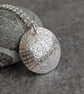 Silver disc pendant with leaf print pattern, Botanical jewellery