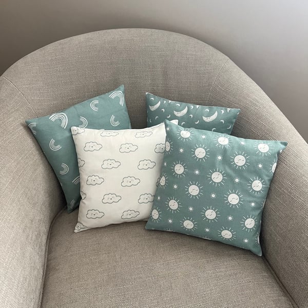 Set of 4 Square Mini Cushions in Sage Green & Cream Nursery Fabric 