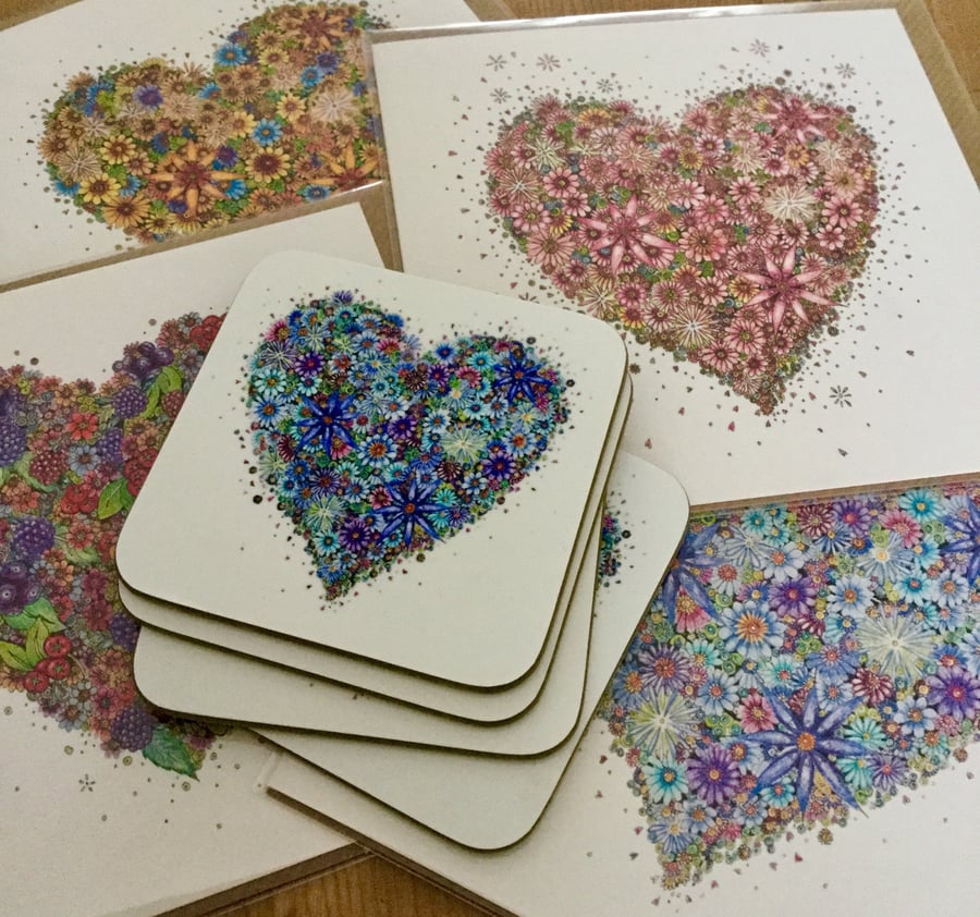 4 x Floral Heart cards and 4 blue heart coaster 