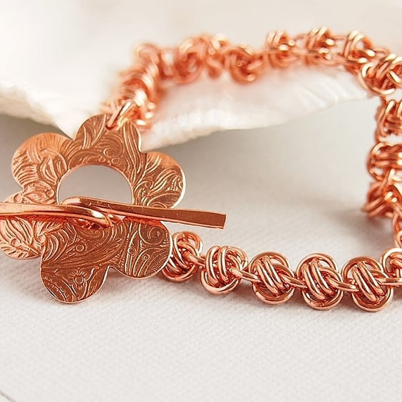 Pure Copper Chainmaille Bracelet With Handmade Flower Toggle Clasp