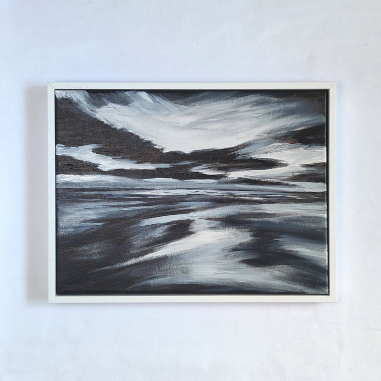 Blank and White Seascape, abstract monochrome framed painting