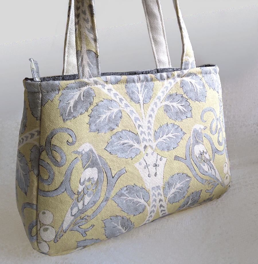 Elegant yellow and grey shoulder bag with birds, tote bag