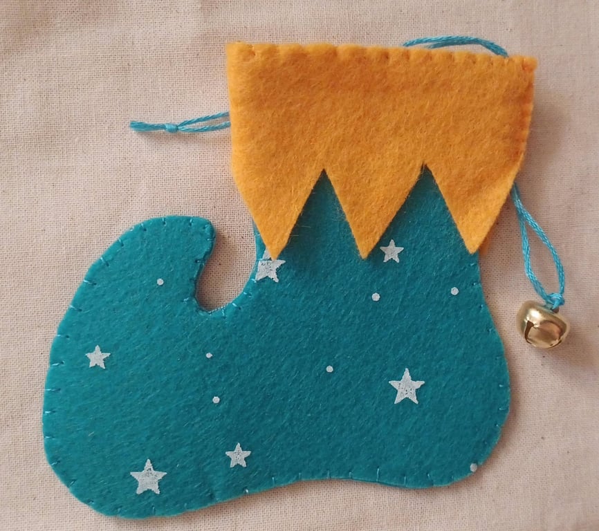 Handmade Elf Boot Christmas Hanging Aqua and Mustard