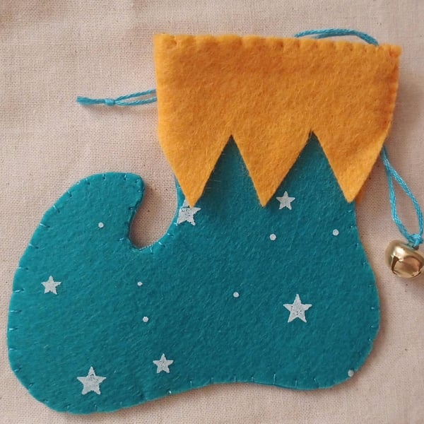 Handmade Elf Boot Christmas Hanging Aqua and Mustard