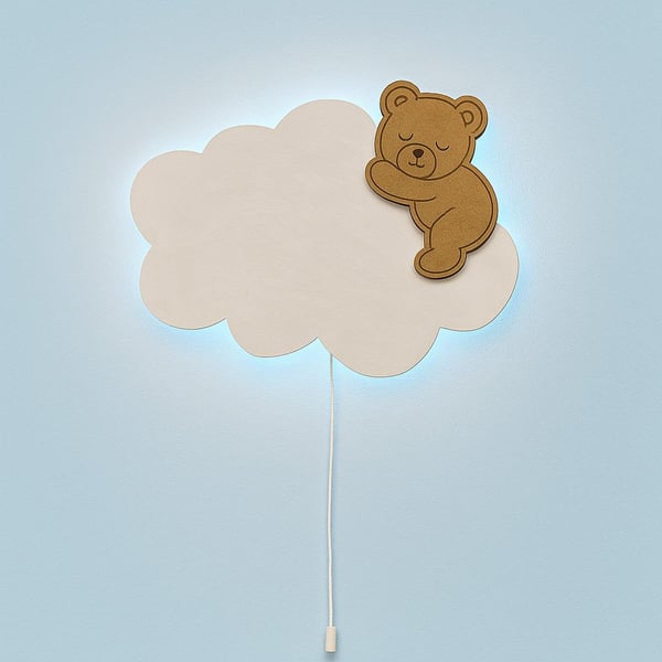 Wooden Teddy Cloud Night Light Kids Wall Mounted Nursery Lighting LED Lamp