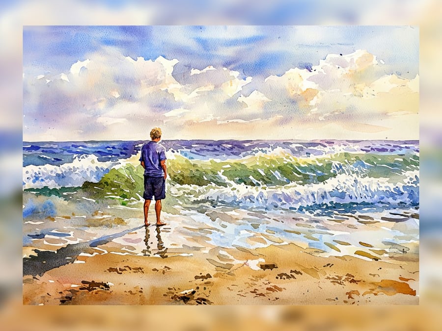 Seaside Reflection Watercolor, Serene Beach Scene 5"x7" Matte Print