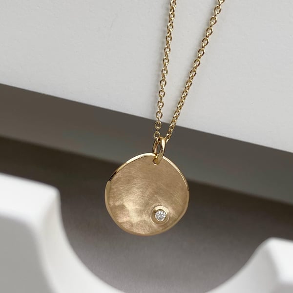 Handmade 9ct yellow, rose or white gold diamond petal pendant and chain