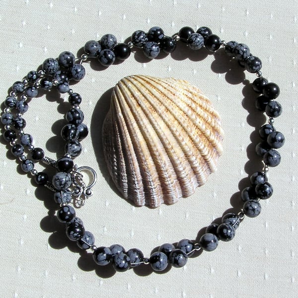 Snowflake Obsidian Gemstone Beaded Statement Chakra Gothic Necklace "Cherish"