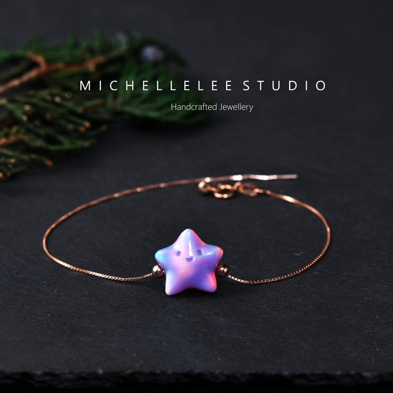 Large Purple Star 3D Fire Opal Bracelet with 925 Sterling Silver Chain