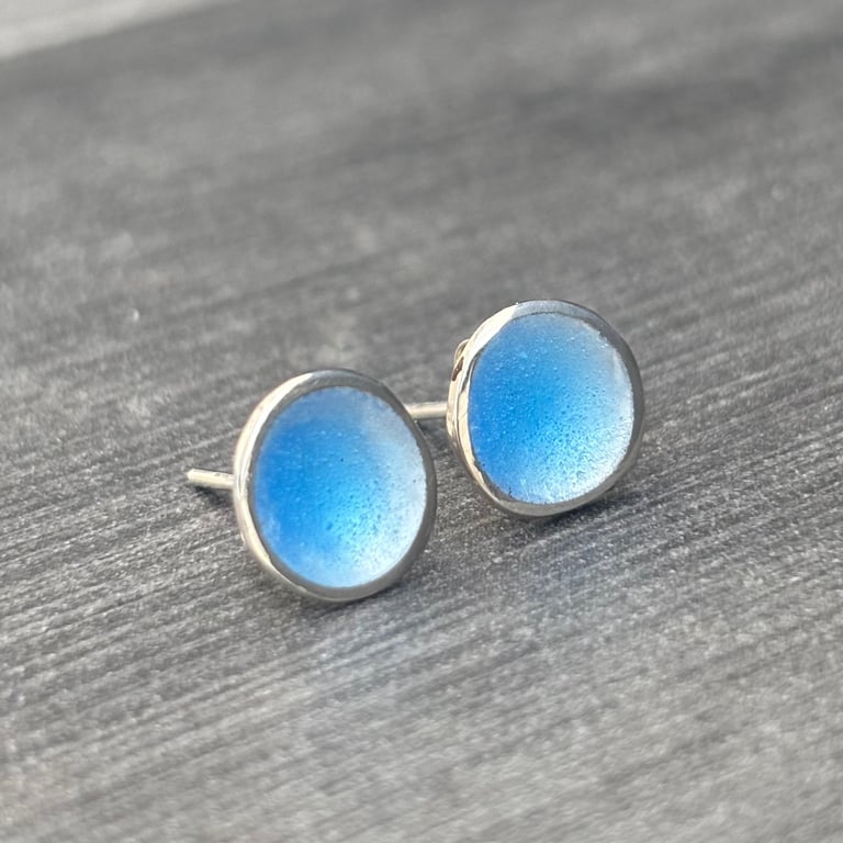 Enamel Studs, light blue studs, round blue studs, gift for her, birthday gift, 