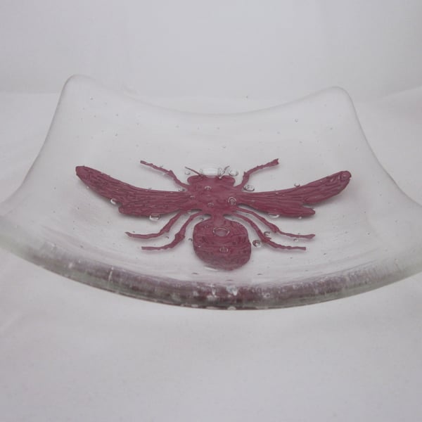 Handmade fused glass candy bowl - copper bee on clear