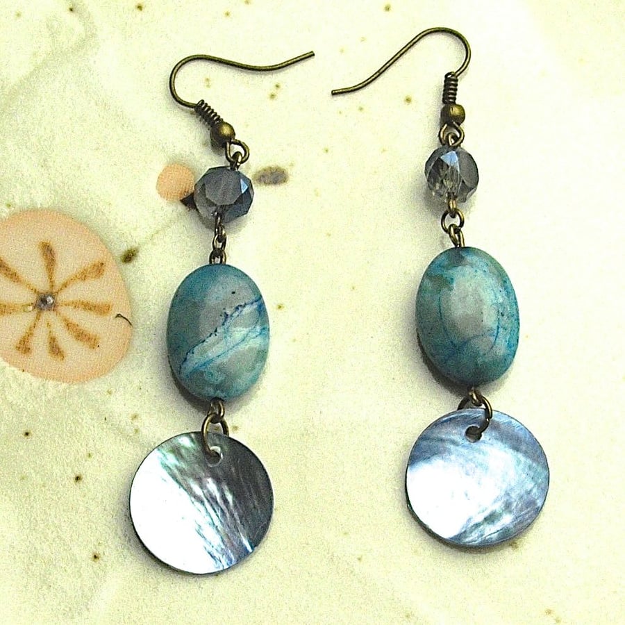 Turquoise Agate and Blue Shell Bead Earrings