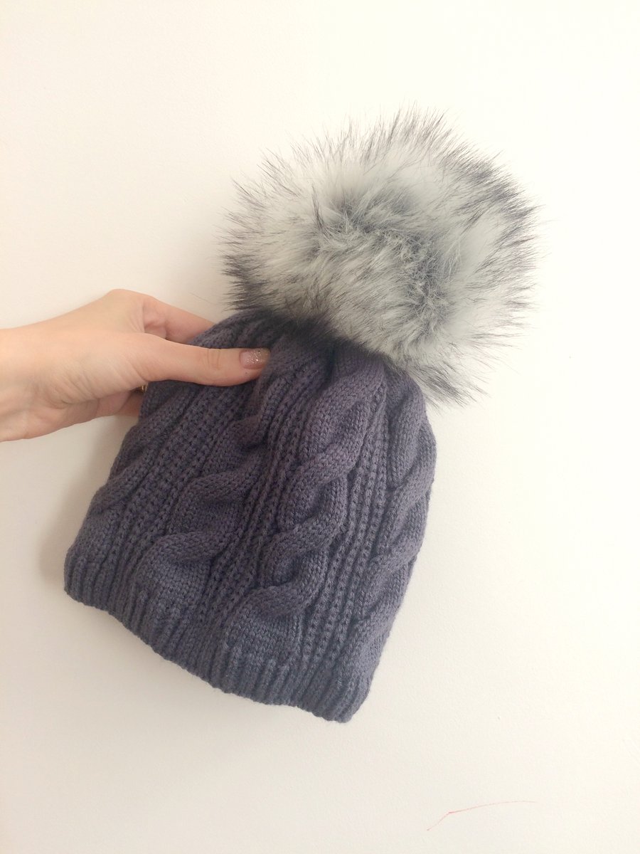 Ready To Ship Faux Fur Pom Pom Knitted Wool Hat Grey Slate Anthracite Cables Bea