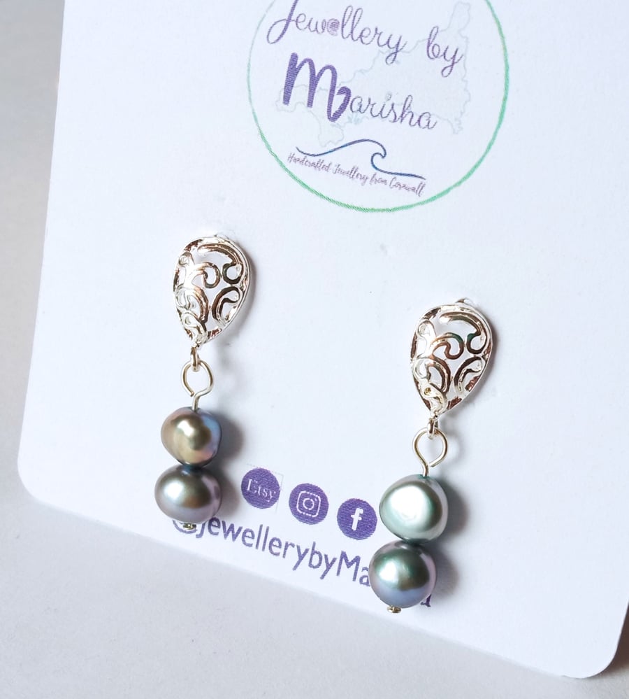 Pearl Earrings Drop Silver Petrol Blue Freshwater Filigree Stud Silver Plated