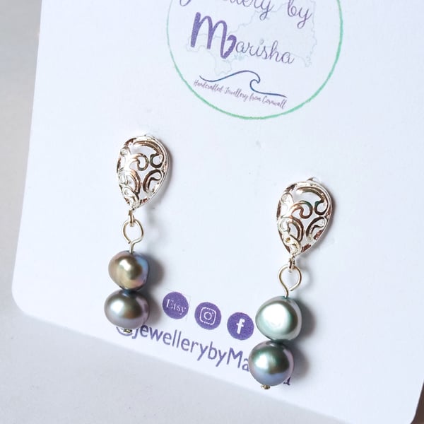 Pearl Earrings Drop Silver Petrol Blue Freshwater Filigree Stud Silver Plated