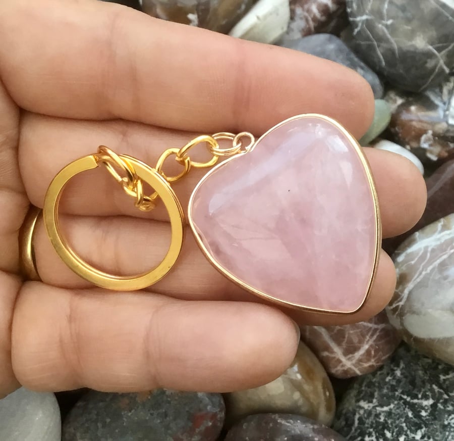 Blush of Love!  Rose Quartz Heart Gemstone Keyring or Handbag Charm.