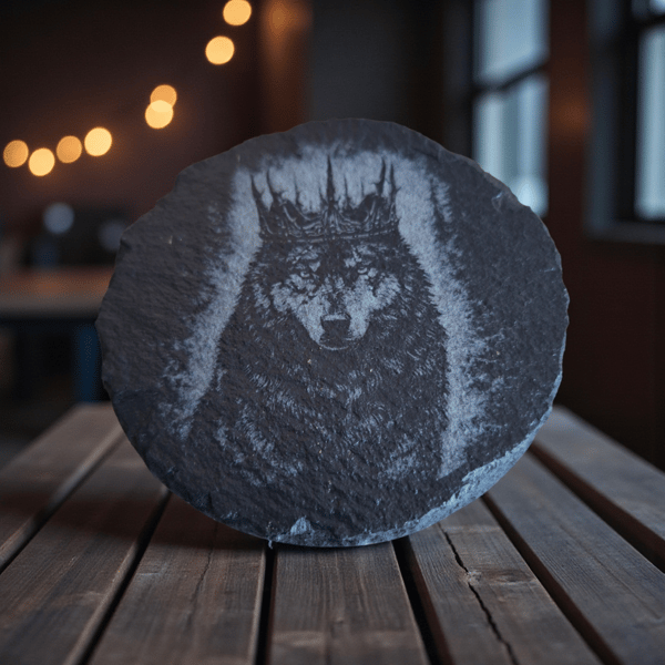Crowned Battle Wolf Slate Coaster – Gothic Wolf Art – 10cm Natural Slate
