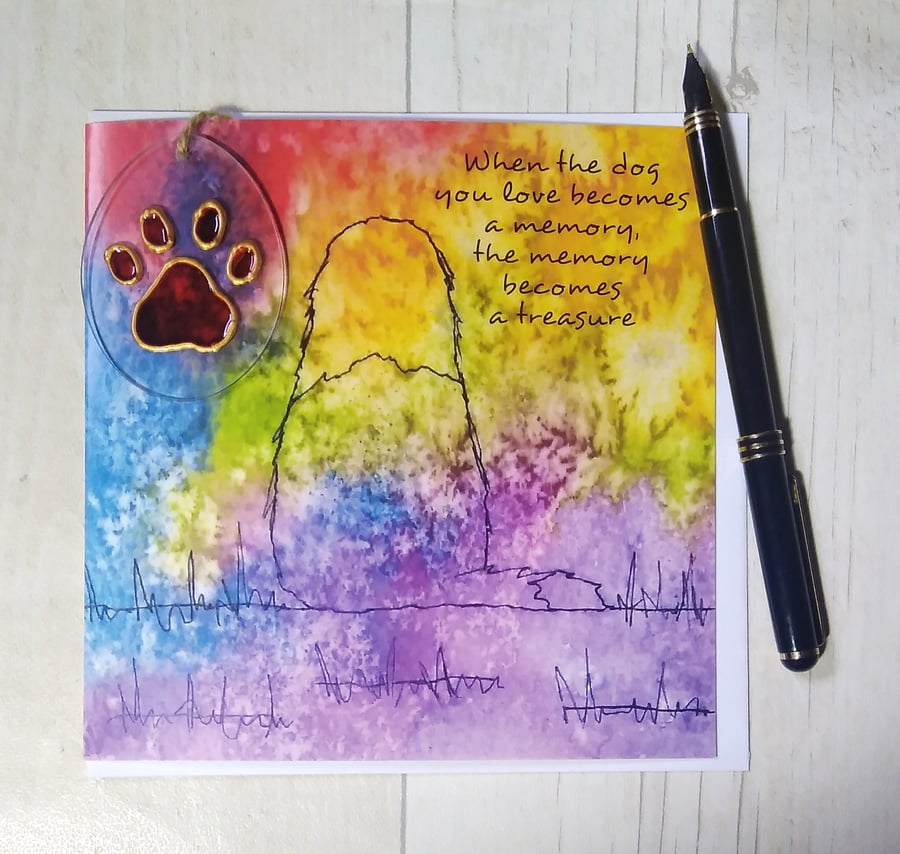 Old English Sheepdog rainbow sympathy card and paw print sun catcher gift.