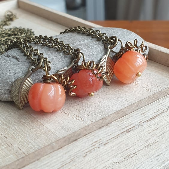 Carved agate pumpkin necklace, Autumn jewellery, Gift for gadener