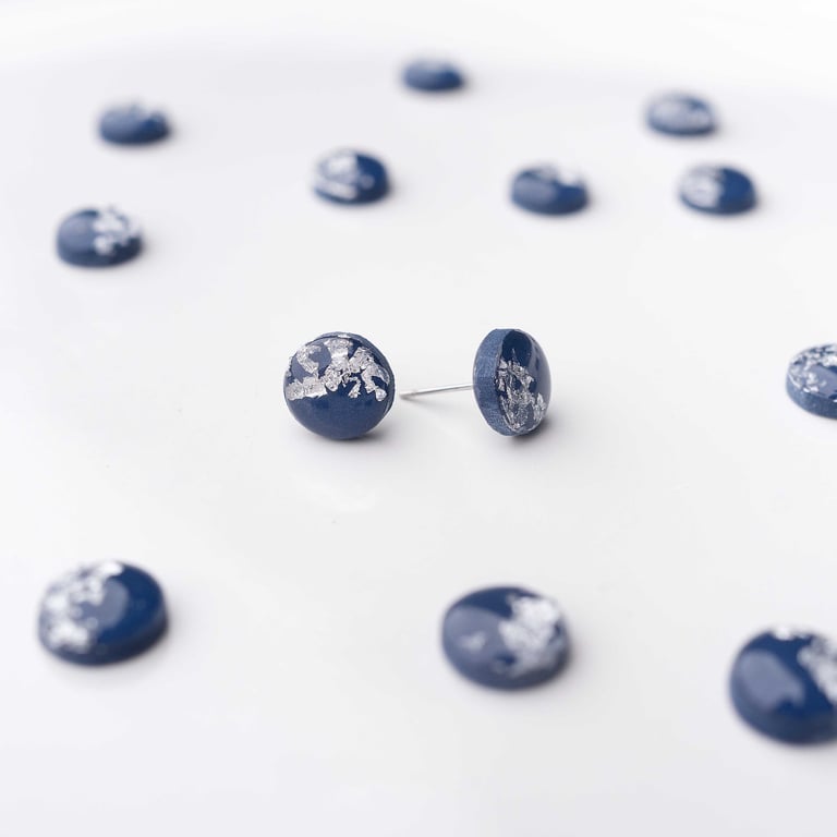 Handmade Navy Blue Polymer Clay Stud Earrings with Silver Detail