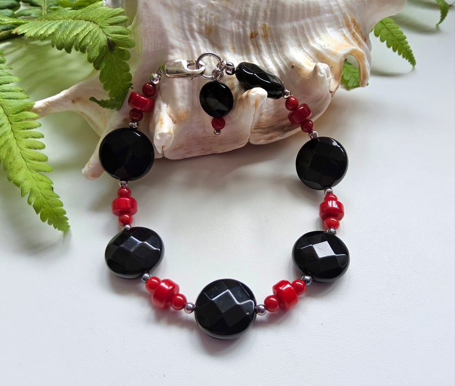Designer Bamboo Coral & Faceted Black Onyx Sterling Silver Bracelet