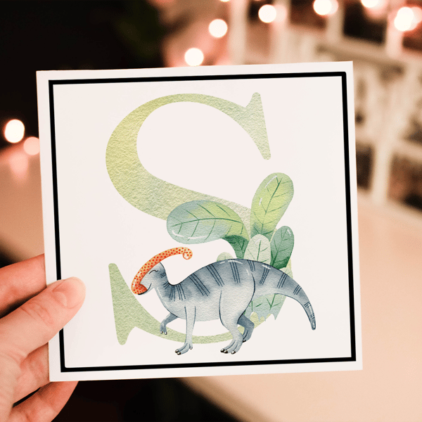 Dinosaur Letter Art Birthday Card, Dinosaur Initial Birthday Card