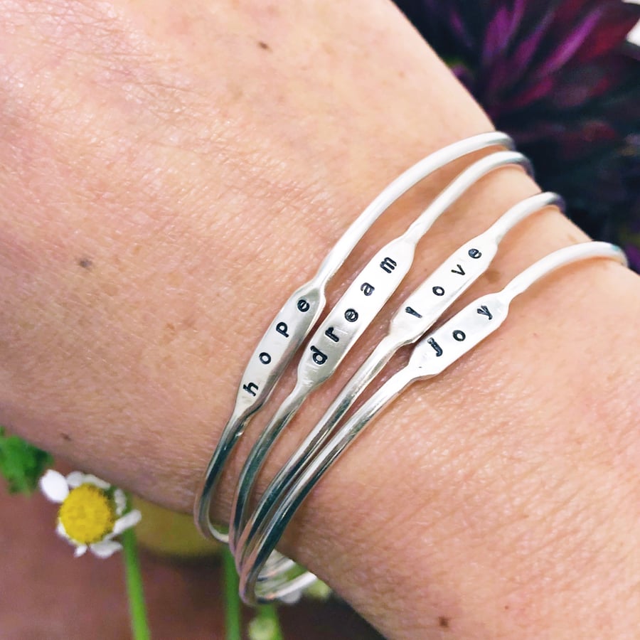 Sterling silver personalised word bangle 