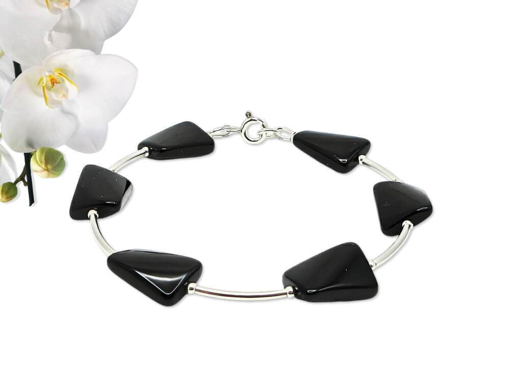 Twisted Black Onyx Oblongs Bracelet With Curved Sterling Silver Tubes