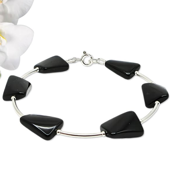 Twisted Black Onyx Oblongs Bracelet With Curved Sterling Silver Tubes
